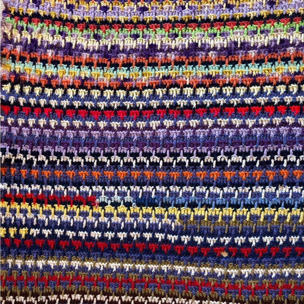 Rare Vintage 60s 70s Multicolor Crochet Afghan Psychedelic Scrappy Blanket Quilt